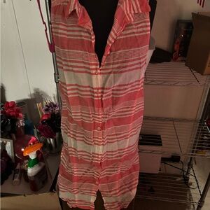 Pink and White Striped Sleeveless Button-Up Top